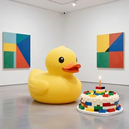 a large rubber duck sits alone in a large room next to a birthday cake made out of lego bricks. the walls are covered with colorful wall paintings in the style of sol lewitt.