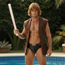 obi wan kenobi wearing swim trunks and wielding a pool noodle