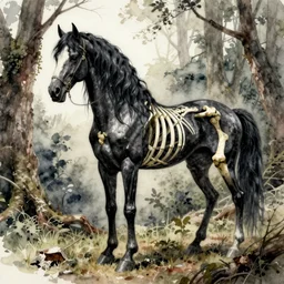 highly detailed watercolor, black skeleton horse, anatomical, forest, decay, darksouls, bloodborne, nostalgia for a fairytale, magic realism, the mane and tail are made of moss, red roses, mysterious, vivid colors, by charles vess, anato finnstark, cinematic lighting, beautiful face by leyendecker