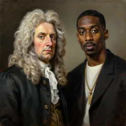a classical portrait of sir isaac newton and tupac shakur together, oil on canvas