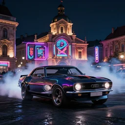 audi camaro b 1 ( 1 9 6 9 ) drifting, need for speed : carbon, at night, neon lines, lviv historic centre, ultra phonk, phonk music background, smoke behind wheels, noise, dark, establishing shot