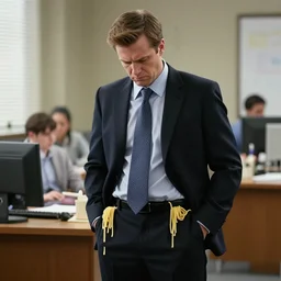a disgruntled office worker with spaghetti falling out of their pockets, photography, realistic, tv still