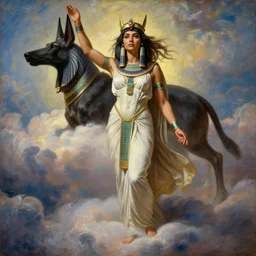 Full body oil painting of the beautiful goddess Gal Gadot as Cleopatra, she is wearing egyptian clothes and a surreal jewelry, her hair is natural disheveled, she is approaching heaven over the clouds, Anubis is behind her, naturalism, dramatic lighting, high-detailed oil painting by Ilya Repin, Michelangelo da Caravaggio, William Blake, Alex Grey and Beksinski, trending on Artsation, hystorical painting, naturalism, masterpiece, 4k, 8k,