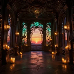 neural dust interior design, bioluminescent, steampunk artnouveau, candlelight, sunset glow, dark shadows, octane render, volumetric lighting, raytracing, symmetrical wide shot low angle