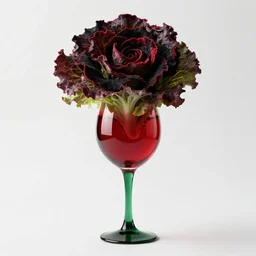 a photo of a red wine glass with a green neck, the top is a black and red vortex made of velvet shards in the shape of a head red butter lettuce
