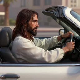 jesus driving a cabrio in las vegas parano, 8 k, fantasy, smooth, subtle shadows, fine details, octane render, stunning, intricate, elegant, highly detailed, digital painting, artstation, smooth, sharp focus, raw, art by jakub rozalski