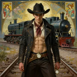 a dramatic ethereal epic symmetrical painting of a handsome villainous cowboy standing in front of railroad tracks with a !!train locomotive!! | his jacket is unbuttoned with nothing underneath and he has a pocketwatch | tarot card, art deco, art nouveau, (steampunk), homoerotic, realistic | by Mark Maggiori and ((Alphonse Mucha)) | trending on artstation