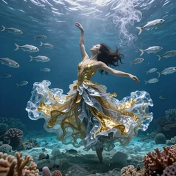 woman dancing underwater wearing a long flowing dress made of many layers of gold and silver ice, coral sea bottom, swirling schools of silver fish, swirling smoke shapes, octane render, caustics lighting from above, cinematic, hyperdetailed