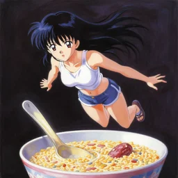 oil painting, yoji shinakawa, studio gainax, y2k design, anime girl floating in cereal, dramatic lighting