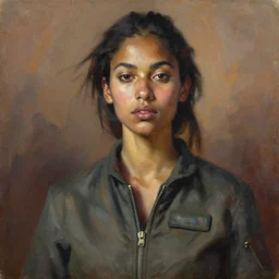 detailed portrait in daring femininity, ethnic, statuesque, confident realistic face, flight suit, bathed in morning light, chiaroscuro, radiosity, angular impressionism, sense of motion, warm earthy natural color scheme with contrasting highlights, modern fashion, contemporary art, deep rich hues, oil on canvas