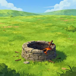 empty grass field with a burned down stone well, at midday, from a fantasy themed point and click 2 d graphic adventure game, art inspired by thomas kinkade, king's quest, sierra entertainment games