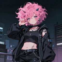 portrait of a grungy cyberpunk anime in magic pose, very cute, by super ss, cyberpunk fashion, curly pink hair, night sky by wlop, james jean, victo ngai, muted colors, highly detailed