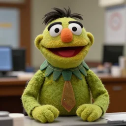film still from the office, dwight schrute as a muppet. highly detailed felt. hyper real photo. 4 k.