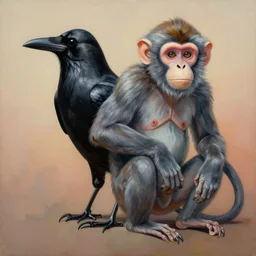 painting of hybrid between crow & monkey!!, intercrossed animal, mixture animal, by tiffany bozic, by zdzislaw beksinski, organic, logical anatomy, cold hue's, warm tone gradient background, concept art, beautiful composition, digital painting,