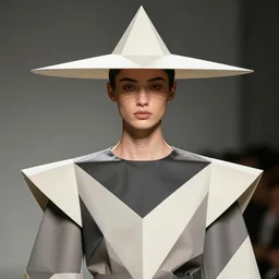 beautiful photo of a fashion model wearing a modern geometrical costume and paper hat, symmetry, centred view, golden ratio, close - up, mid view, photorealistic, hyperrealistic, extradetailed, modern detailed photo, by reza nia, beehance