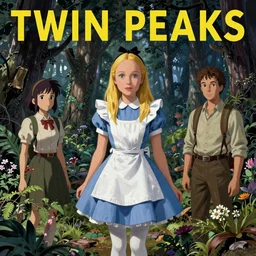 Twin Peaks poster artwork by Michael Whelan and Tomer Hanuka, Rendering of Alice in Wonderland from scene from Twin Peaks, full of details, by Makoto Shinkai and thomas kinkade, Matte painting, trending on artstation and unreal engine