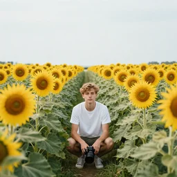 tyler, the creator sitting in the middle of a sunflower field, photography, photoshoot, color grading, photojournalism, dslr, instax, warm color palette, colorful, tonal colors, complimentary - colors, triadic - colors, happy, sad, angelic, good, infused, feng shui, soft body, cloth, plant, flowers, floral, by claude monet