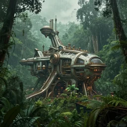 an exterior of a large futuristic steampunk science building in the middle of a very thick rainforest, by dylan cole and federico pelat, cinematic dappled lighting, ultra wide angle, hyper detailed, intricate