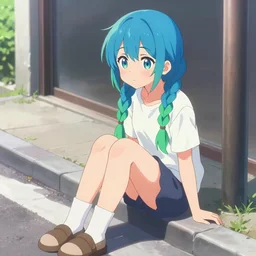 concept art, cute anime girl sitting on street, braids blue and green, singular, junichi higashi, isamu imakake, intricate, balance, full far frontal portrait, volumetric lighting, cinematic lighting, masterpiece