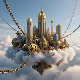 floating!!! ( ( ( ( steampunk ) ) ) ) city in the clouds held up by enormous chains, gears!!, steam clouds, dense, gold, blue, octane render, masterpiece, highly detailed, unreal engine 5