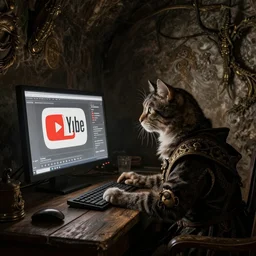 [Grim medieval illustration of a cat watching youtube on a computer]