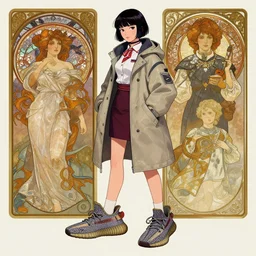 an illustration of a futuristic stewardess girl wearing yeezy 5 0 0 sneakers and an anorak inspired in inuyasha by john berkey by stanley artgerm lau, greg rutkowski, thomas kinkade, alphonse mucha, loish, norman rockwell