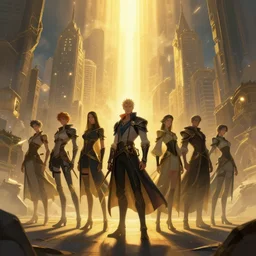 fantasy characters enter the city of light by will murai, trending on artstation 4 k 8 k, matte painting, epic lighting, beautiful concept art, illustration, rule of thirds, golden ratio, key visual art,