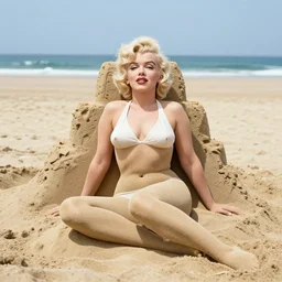 Marilyn Monroe as a sand sculpture on the beach in a sunny day
