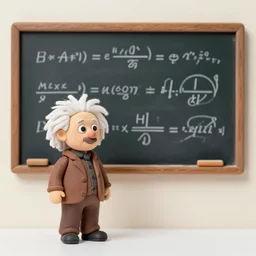 claymation miniature scene of albert einstein standing in front of blackboard with lots of mathematical formulas chalked on