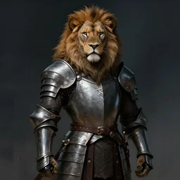 handsome lion wearing medieval suit of armor, illustration, concept art, art by wlop, dark, moody, dramatic