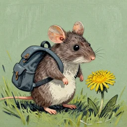a sad mouse with a backpack hanging on a dandilion, linolium print, artistic, 4k