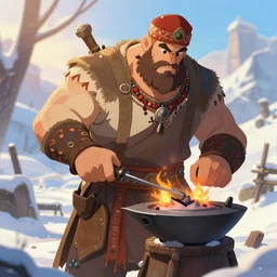 Beautiful detailed high quality illustration of an old Slavic blacksmith, very strong and muscular man, a lot of Slavic decor elements and cloth::vibrant winter, romantic mood, morning sunlight::art by Ghibli Studio, League of Legends, Arcane, Wild Rift, trending on artstation::single solid body, no artefacts, no two heads, no two bodies