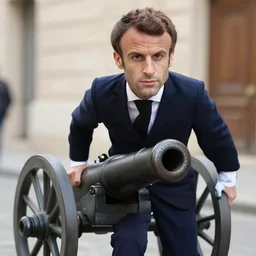 closeup portrait of emmanuel macron dressed as napoleon dragging a cannon in the street, natural light, sharp, detailed face, magazine, press, photo, steve mccurry, david lazar, canon, nikon, focus