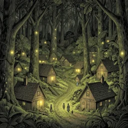 small woodland village of elves, magical lights, precise detailed lines, extremely detailed, sharp focus, wide view, full body shot, smooth, digital illustration, by, james jean, by rossdraws, frank franzzeta, sakimichan, jeremy lipking