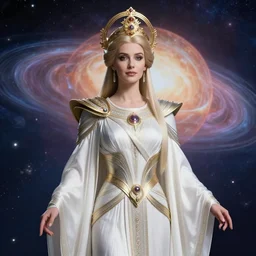 portrait of the powerful empress of the solar system in the style of vladimir kush and in the style of ralph steadman. glowing, ornate and intricate linework, stunning, dynamic lighting, ultrafine and hyperdetailed.