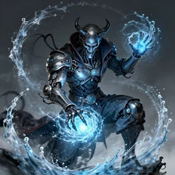 an evil cybernetic magician releasing water spell, cyberpunk concept art, trending on artstation, highly detailed, intricate, sharp focus, digital art, 8 k