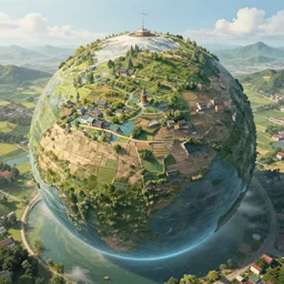 a very large spherical wall surrounded a peaceful farming based city, cinematic, raytracing, detailed, realistic