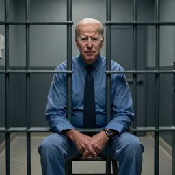Biden in a prisoners outfit sitting in a jail cell.