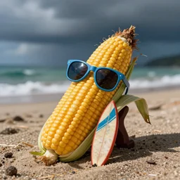 photo of a ear of corn dressed in surfer's clothing and sunglasses on a beack