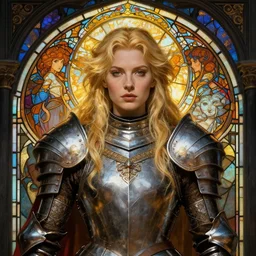 masterpiece head-on symmetrical centered painted portrait, Imogen Poots as a paladin, Warcraft theme, blonde hair, glorious, wearing full metal armour, glowing stained glass backdrop, elegant, in the style of Ruan Jia and Artgerm and Edgar Maxence and Ross Tran and Alphonse Mucha and Ayami Kojima and Charlie Bowater and Greg Rutkowski and Karol Bak and Jean Delville, Art Nouveau, Pre-Raphaelite, Neo-Gothic, gothic, Art Nouveau, rich deep moody colors