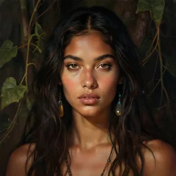 detailed portrait in femininity, cosmopolitan shaman, badass, realistic face chiseled features, specular eyes, ethnic, statuesque model, natural skin, lush hair, warm glow, subsurface scattering, jewel, asymmetrical, chiaroscuro, organic impressionism, vine backdrop, deep rich color, digital illustration
