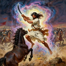 portrait, single bangla farmer fighting, hand to hand combat with machete, full body view, long flowing hair, fighting for his life, nebula aura surrounding subject, horseback combat attacker foreground, islamic revolution, mongolian invasion of iraq, invading army background, classicism artstyle, sharp brushstrokes