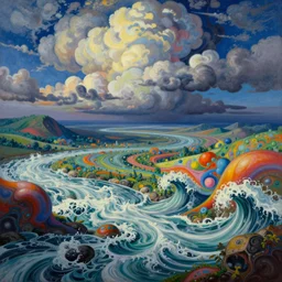 Psychedelic sci-fi dreamworld. Landscape painting. Organic. Winding rushing water. Waves. Clouds. Wayne Thiebaud. Peter Max.