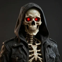 a skeleton with a scary skull and red glowing circles in the eyes wearing a jacket with capuchin, face portrait, portait image, hyperrealistic, concept art, octane render, unreal engine 5, trending on artstation, made by greg rutkowski, high quality, highly detailed, 8 k, dramatic lighting, cinematic, high coherence, anatomically correct, path traced, badass, epic image