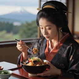 Murasaki Shikibu eats a bowl of adobo