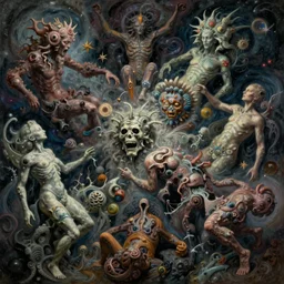 a fine hyper - detailed painting of complex conceptual moments in chaotic dreams with deformed beings that appear and disappear, cosmic horror psychedelic weird bizarre art