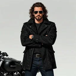 Picture of a male biker, tough, jet black tuffe coat, aviator shades, dark blue jeans, long curly hair, unkempt beard, serious look, armfold pose!, smooth, sharp focus, digital illustration, artstation