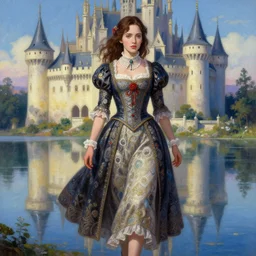 nicolas cage as a beautiful young girl in intricate clothing by ross tran, walking in a castle, lake painted by sana takeda, rtx reflections, very high intricate details, painting, digital anime art, medium shot, mid - shot, composition by ilya kuvshinov, lighting by greg rutkowski