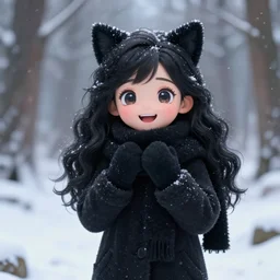 photorealistic of a very cute joyful 3d anime girl, wearing fluffy black scarf, long coat, mittens, black long curly hair, watery eyes, cat ears, in the magical forest, snowing, medium shot, mid-shot, highly detailed, trending on Artstation, Unreal Engine 4k