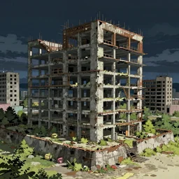 a beautiful detailed anime illustration of abandoned building unfinished building city industrial architecture urbex nature sea fort by peter eisenman, at night retro, archdaily, wallpaper, highly detailed, trending on artstation.